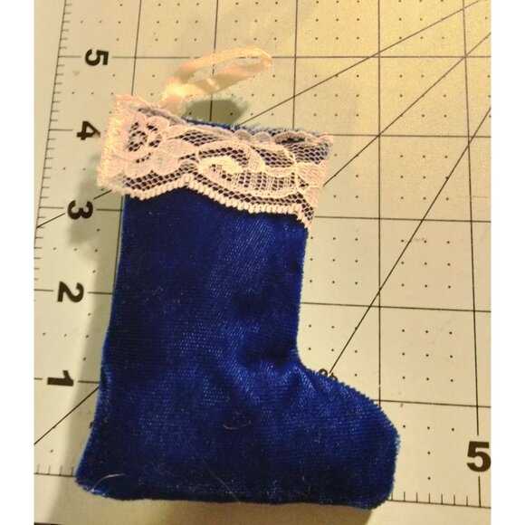 Victorian Blue Velvet Mini Christmas Stocking Ornament Lace Trim Ribbon - Picture 2 of 4